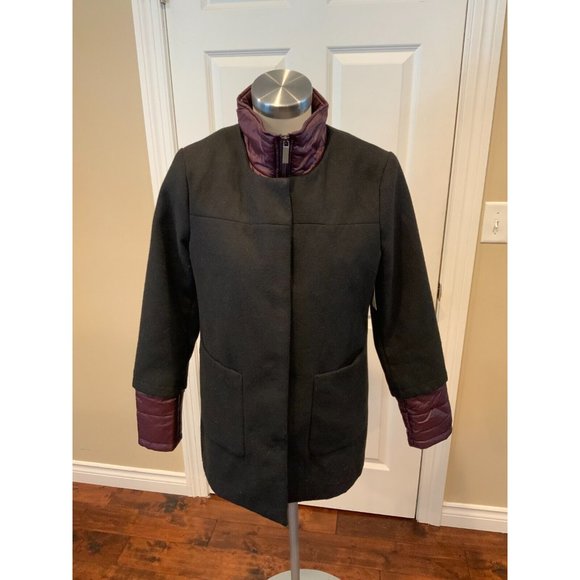French Connection Black Coat w/ Burgundy Puffer Tim, Size Medium - Picture 1 of 7